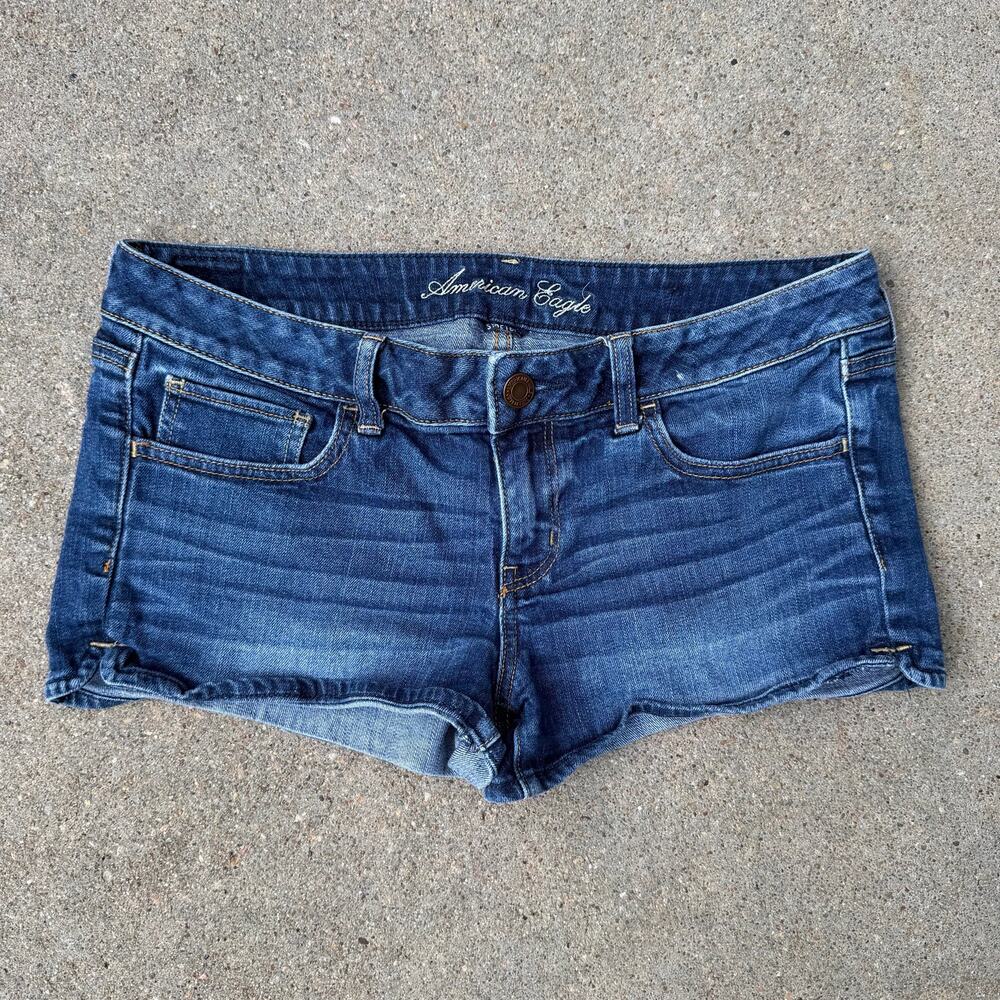 Y2K American Eagle Stretch Micro Mini Low Rise Jean Shorts Blue Size 12